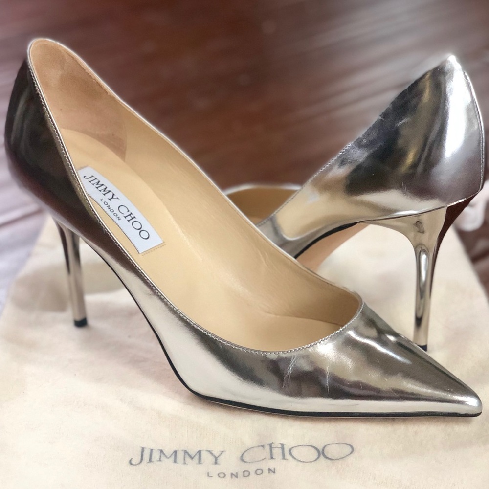 Jimmy Choo Silver Metallic Romy 85 Heels (Size 39)